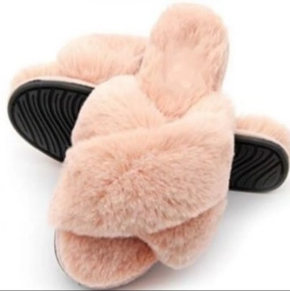 New Plush Peach Pink criss cross open toe faux fur bunny slipper slides
